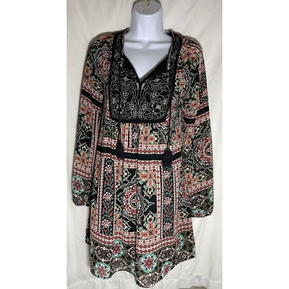 Xhilaration Boho Embroidered Mini Dress XS Black Floral Medallion Tassel Bell